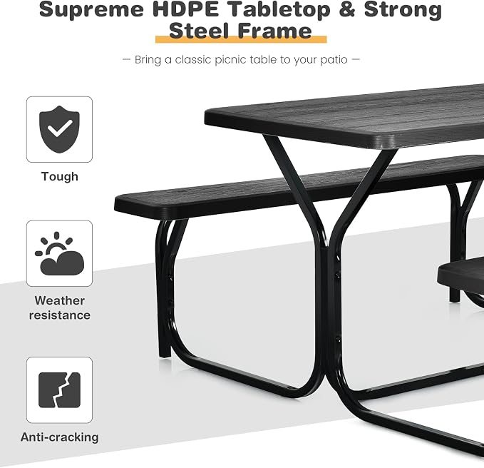 COSTWAY Outdoor Picnic Table, HDPE Plastic Picnic Table Bench Set with Weather Resistant Tabletop & Wood Texture, Ideal for Patio, Backyard (59" D x 54" W x 28.5" H,Black)