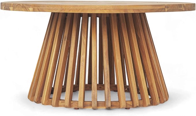 Christopher Knight Home Hakee Acacia Wood Patio Coffee Table, Round Table with Unique Wooden Base for Backyard, Balcony, Stylish Indoor/Outdoor Table, Easy Assembly, 31.5" x 31.5" x 16", Teak