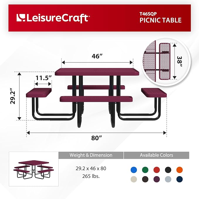 Leisure Craft Metal Picnic Table with Bench - 46" Square Outdoor Dining Table for 8 with Umbrella Hole, Weatherproof Heavy Duty Thermoplastic Coating, Commercial Grade Furniture Made in USA - Burgundy
