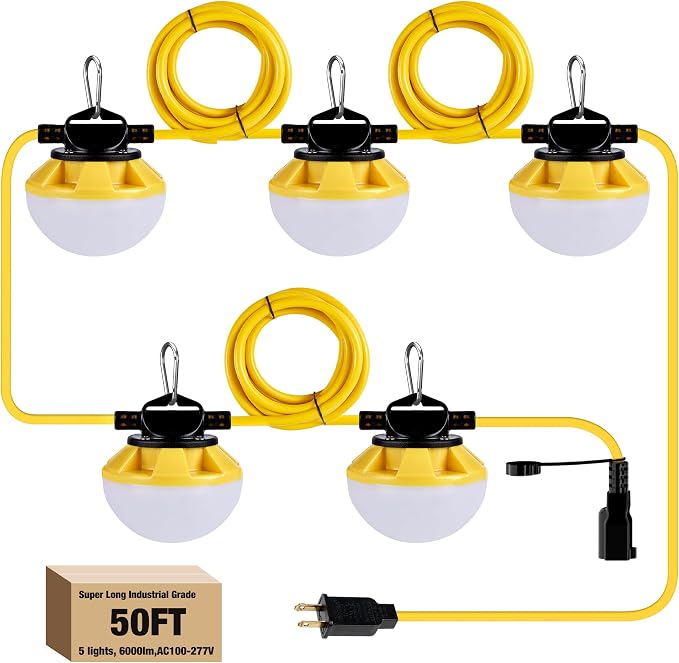 50FT LED Construction String Light, 50W 6000Lm,18AWG Wire,5000K Linkable String Work Lights with 5 Bulbs & Hooks, Industrial Temporary Lighting for Construction Site, Crawl Space,Job Site,Attic