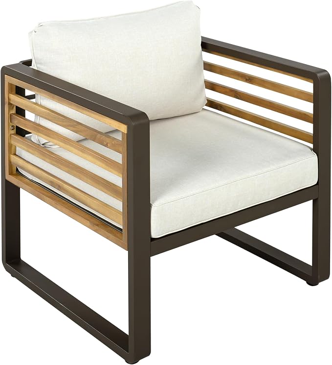 Large 4-Piece Outdoor Patio Sofa Set for 5 People,Garden Conversation Set with Removable Cushions,Metal & Wood Frame,Acacia Wood Tabletop,Modern Minimalist Design,Waterproof and UV-Proof, Beige Brown
