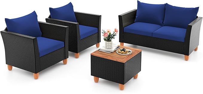 ORALNER 4 Pieces Patio Furniture Set, Outdoor Wicker Conversation Chairs, Loveseat w/Cushion, Acacia Lift-Top Coffee Table, Rattan Set for Balcony Garden Backyard Front Porch Poolside Deck (Navy)
