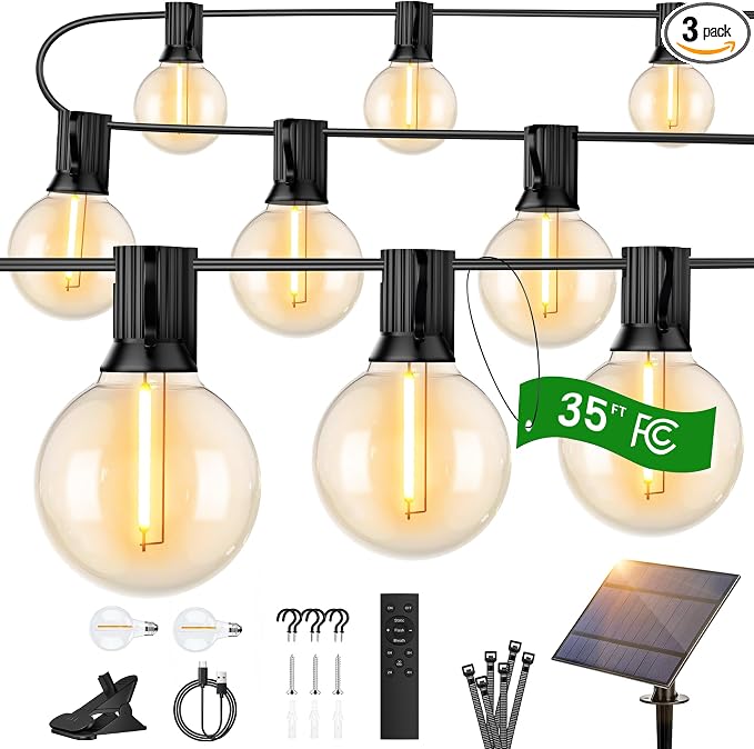 OHLUX 35FT Solar String Lights Outdoor, Waterproof Solar Patio Lights with Remote, 17 Shatterproof LED Filament G40 Globe Bulbs, 2200K Soft White, Dimmable Outside Hanging Light for Backyard Deck