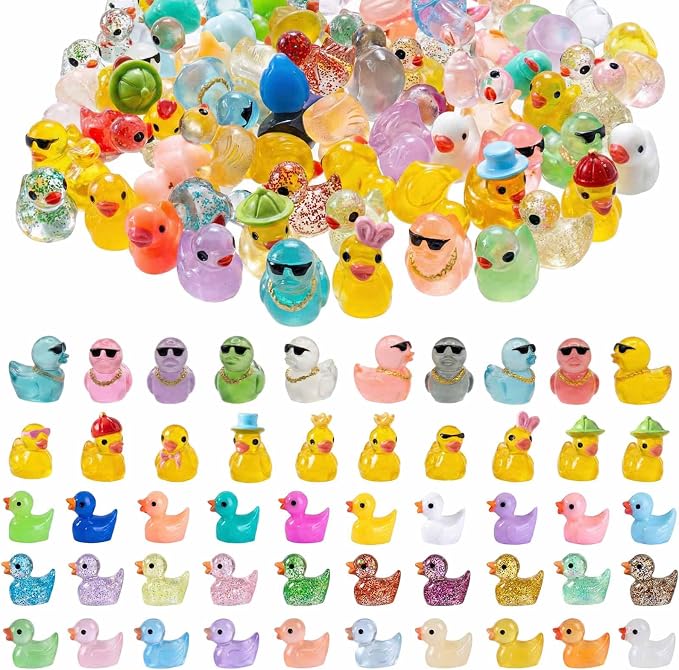100 Pcs Mini Resin Ducks, Mixed Styles (Glow, Glitter, Hats, Sunglasses, Necklaces), Tiny Animal Figurines to Hide, Small Little Ducks for Fairy Garden, Miniature Landscape & Aquarium