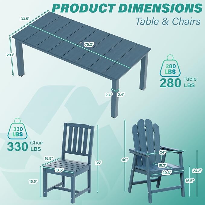 9 Piece HDPE Patio Dining Set for 8, Outdoor Furniture,Navy | 75.2” table,8 person outdoor table and chairs set, fade resistant HDPE, strong structure built for backyard entertaining