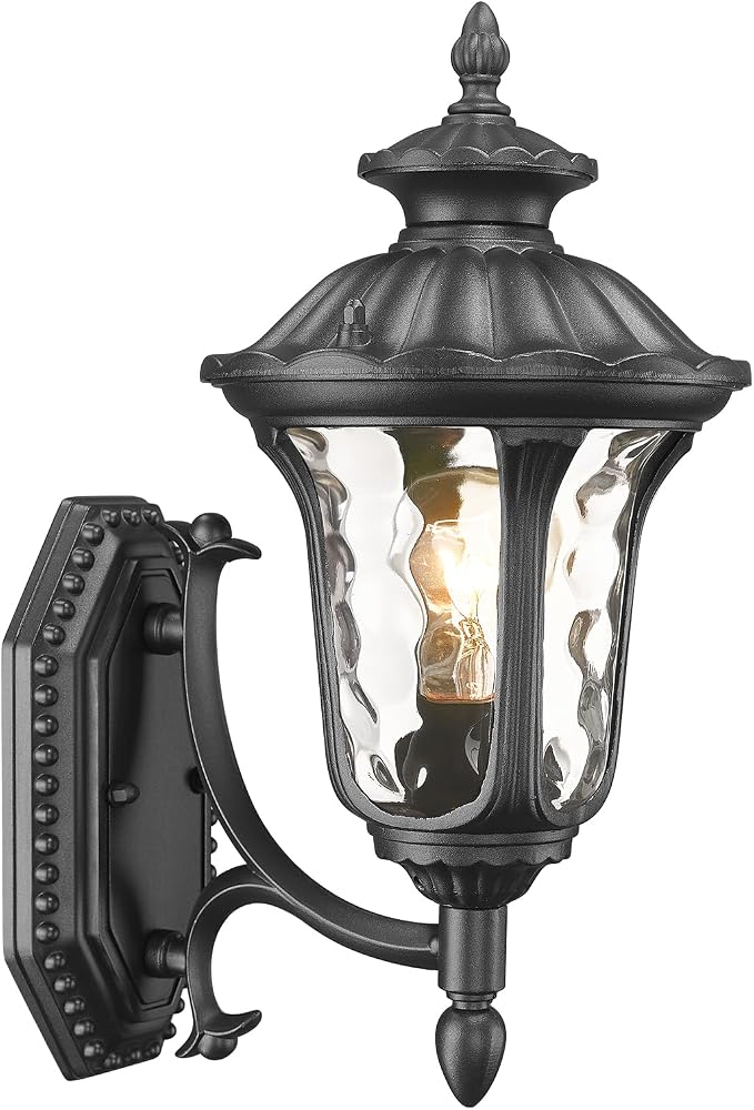 Outdoor Light Fixtures Wall Mount, Waterproof Exterior Wall Lanterns with Waer Ripple Glass, Outside Sconces, Front Porch Lights for House Garage Doorway Patio, 15'' Small Black