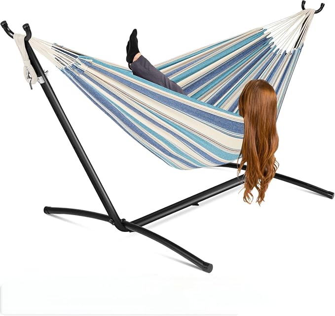 Extra Wide Hammock Chair with Stand, 500lbs Heavy Duty Steel Frame, Adjustable Height, Portable Folding Patio Swing for Outdoor, Backyard, Balcony, Camping – Includes Waterproof Carry Bag