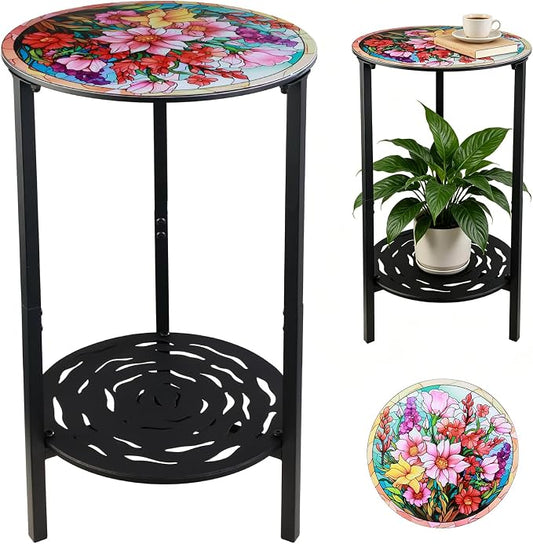 2-Tier Metal Round Side Table Accent Coffee Tables Small Space Corner Plant Stand Shelf for Indoor Outdoor Use Patio Balcony End Table Colorful Floral Print Weather-Resistant