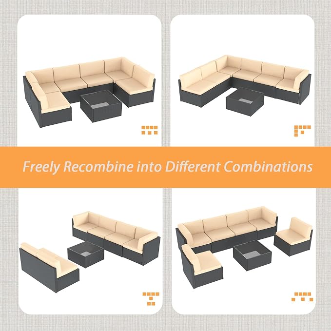 AECOJOY 7 Piece Outdoor Patio Furniture Set, Outdoor Sectional Conversation Furniture Chair with Coffee Table,Patio Sectional for Garden,Backyard(Khaki Cushions and Black PE Rattan, with Cover)