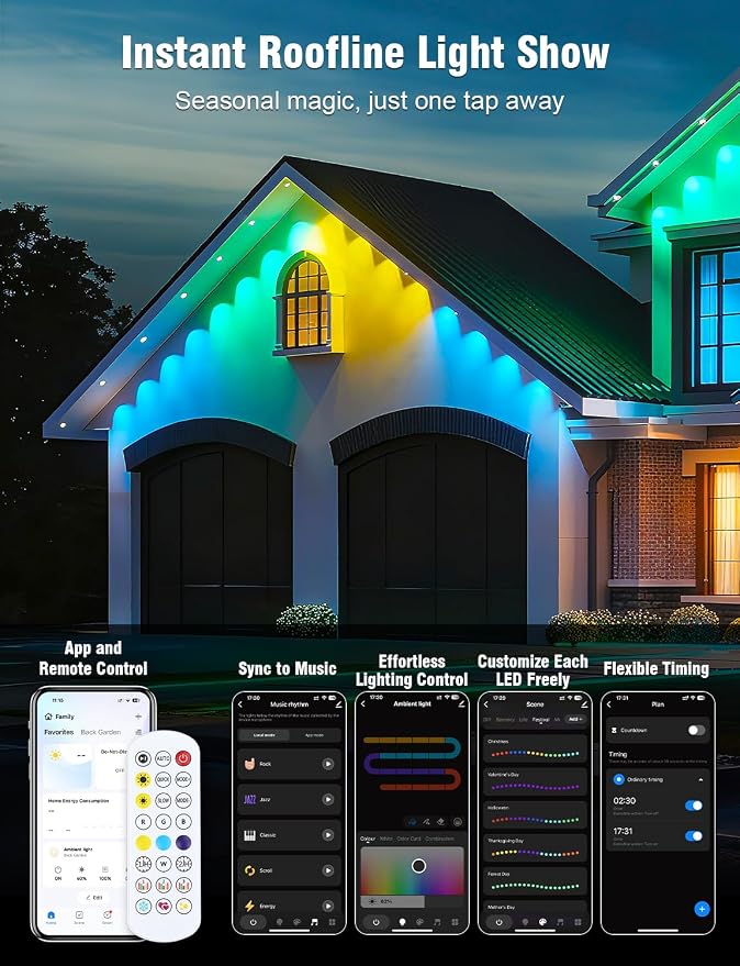 Permanent Outdoor Lights 150FT RGBIC LED Smart LED Lights, App/Remote Control IP68 Waterproof for Holiday Decor, 50 Scene Modes, DIY Lights Lighting Timing for Christmas Halloween Party M2