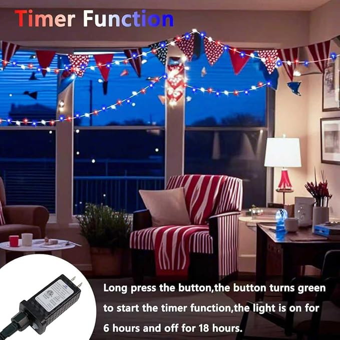 200 LED Connectable String Lights, 66FT American Flag Lights Outdoor Indoor | Red Blue and White, 13 Modes, Timer, Clear Wire Waterproof Twinkle Fairy Lights Plug in for 4th of July, Memorial Day Decor