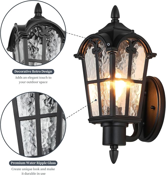 20’’ Extra Large Outdoor Wall Light Fixture, Exterior Wall Lantern Sconce | Waterproof, Rust-resistant, Matte Black, Water Ripple Glass, Quick & Easy Installation, Retro & Traditional