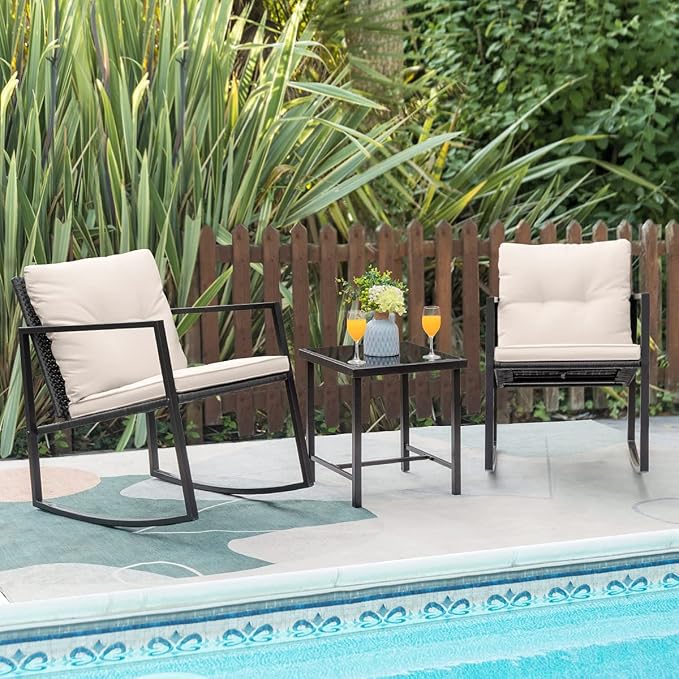 Greesum 4 Pieces Wicker Rattan Patio Furniture Sets with Loveseat, Chairs, Table and 3 Pieces Rocking Bistro Set with Porch Chairs, Coffee Table