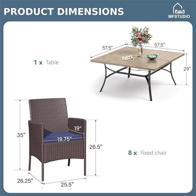 MFSTUDIO Outdoor Dining Set for 8, Patio Table and Chairs, Outdoor 57.5" Square Metal Table with Chairs, 9 Pieces Patio Furniture Dining Set