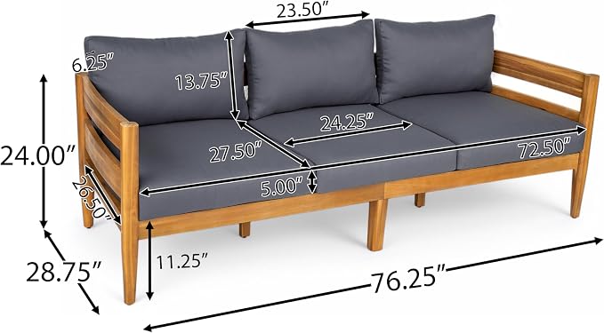 Christopher Knight Home 5-Piece Outdoor Patio Furniture Set, Acacia Wood Conversation Set with 3 Seater Sofa Loveseat Coffee Table and 2 Single Cushions Chairs, Slatted Backyard Seating Set, Dark Gray