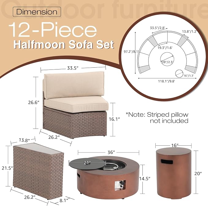 SUNSITT 12 Piece Patio Furniture Set with Fire Pit Outdoor Round Sectional Sofa with 36" Bronze Propane Fire Table & Tank Holder, Brown Rattan