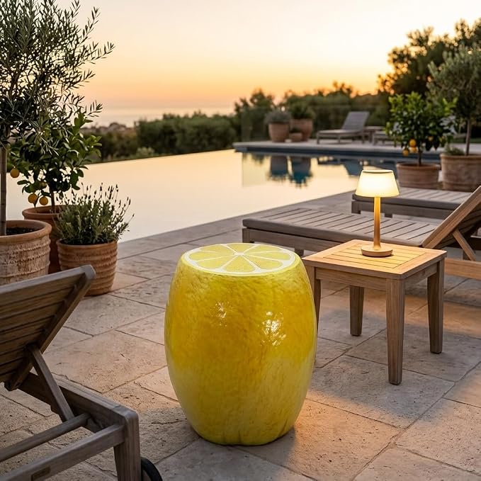 14" Yellow Lemon Resin Stool, Novelty Fruit Side Table & Plant Stand, Whimsical Indoor Outdoor Garden Patio Decor, No Assembly Required(Yellow Lemon)