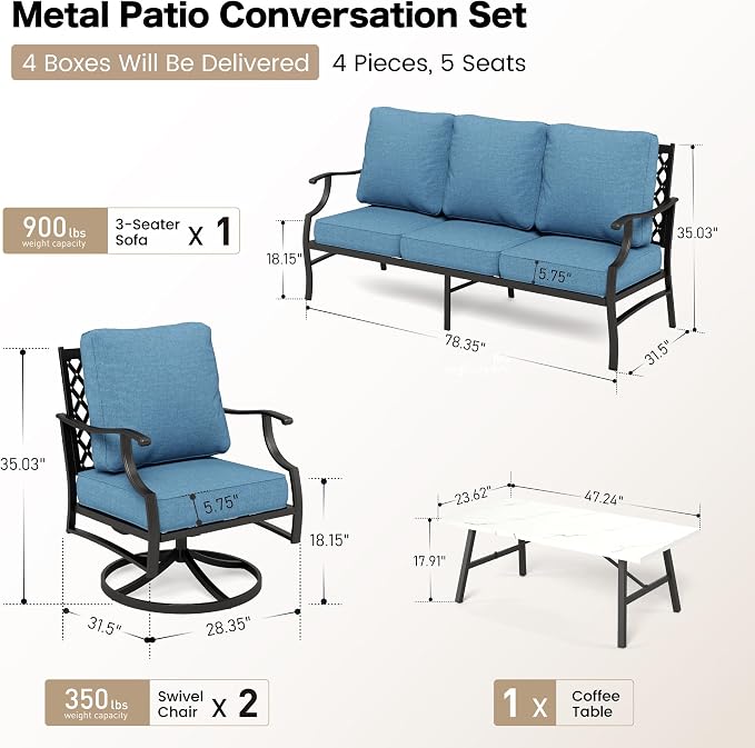 SUNSHINE VALLEY 4 Piece Metal Outdoor Patio Furniture Set, Patio Conversation Sets 1 3-seater Sofa, 2 Swivel Chair with 5.75" Extra Thick Cushion and Coffee Table, Black Frame Backyard Furniture, Navy