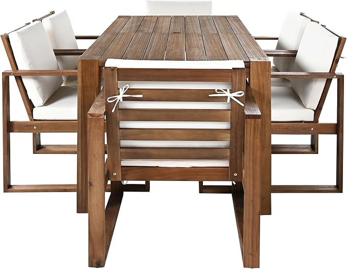 7 Piece Patio Dining Table Set with Umbrella Hole, Outdoor Acacia Wood Furniture Set with Removable Cushion for Garden, Backyard, Lawn, Poolside (Beige,Mocha)