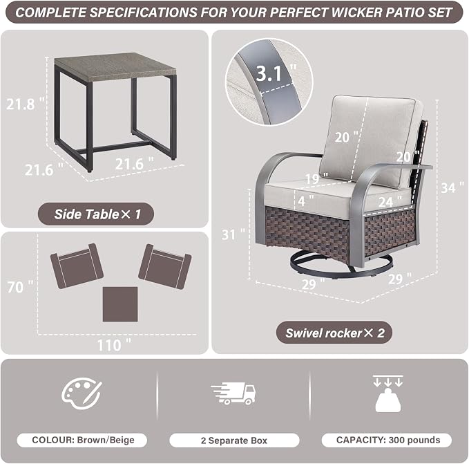 Belord Outdoor Swivel Rocker Patio Chairs Set of 2, 3 Piece Wicker Patio Bistro Set with Metals Side Table and Comfort High Back 4" Cushion Outdoor Patio Glider Chair for Balcony Deck Porch