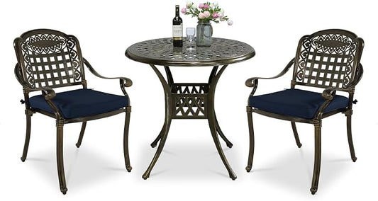 VIVIJASON 3-Piece Outdoor Patio Bistro Set, All-Weather Cast Aluminum Furniture Dining Sets Include 2 Cushioned Chairs and 31" Round Table w/Umbrella Hole for Balcony, Backyard, Navy Blue Cushion