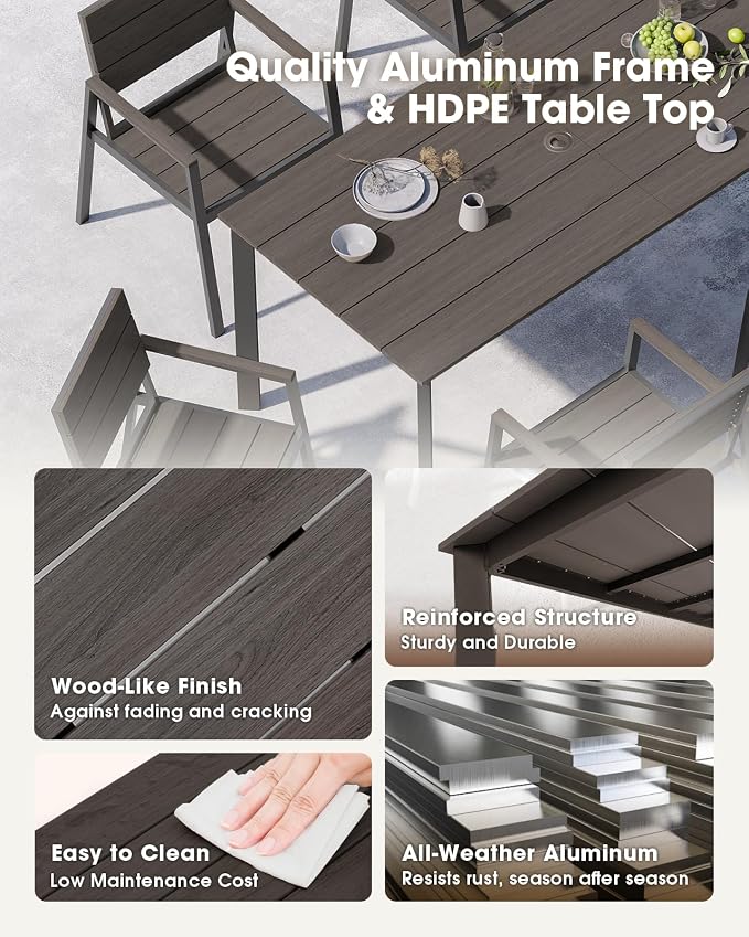 Outdoor Dining Set for 4, Aluminum Patio HDPS Outdooor Table and Chairs Set with Umbrella Hole, All Weather Patio Furniture Set, 5 Peice Patio Dining Table Set (Charcoal)