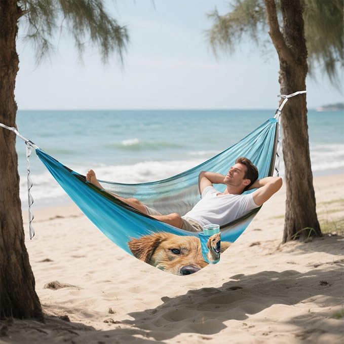 Happy Dog Camping Hammock, Portable Lightweight Single Hammock with Tree Straps and Aluminum Carabiners, 114" x 54" Travel Hammock for Hiking Backpacking Beach