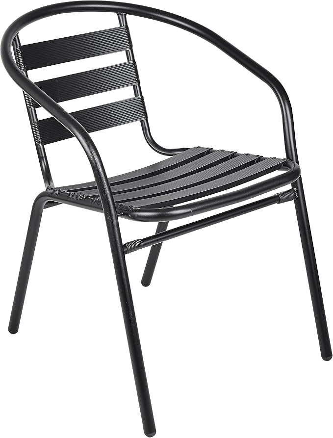 BTEXPERT Indoor Outdoor Restaurant Stainless Steel Metal Aluminum Slat Stack Commercial Lightweight, 4 Chairs with a 27.5" Square Table, Silver/Black