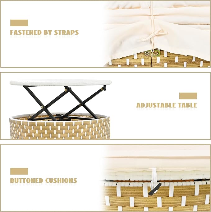Merax Patio Conversation Set, 5-Piece Outdoor Furniture Round Sectional Sofa Set Rattan Daybed Two-Tone Weave Sunbed with Retractable Canopy, Beige
