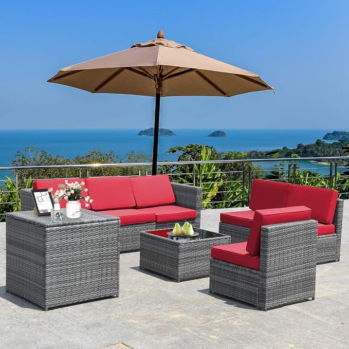 RELAX4LIFE 8-Piece Patio Furniture Set - PE Wicker Conversation Set w/Soft Cushions & Tempered Glass Storage Table, Outdoor Sectional Sofa Set for Garden, Poolside, Backyard (Red)