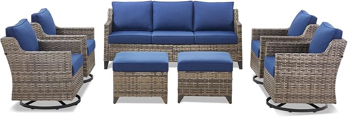 Outdoor Patio Furniture Set-7 Pieces All-Weather Wicker Outdoor Furniture with Swivel Patio Chairs Outdoor Patio Conversation Sets for Garden Porch Deck Grey/Blue