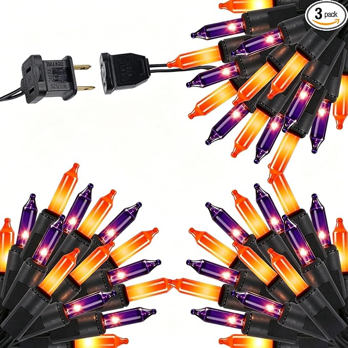 LJLNION 3 Sets Halloween Lights, 29ft 150 Count Black Wire Fairy Mini Lights, 120V UL Certified Incandescent Light String, Connectable for Garden Patio Holiday Party Outdoor Decor, Orange & Purple