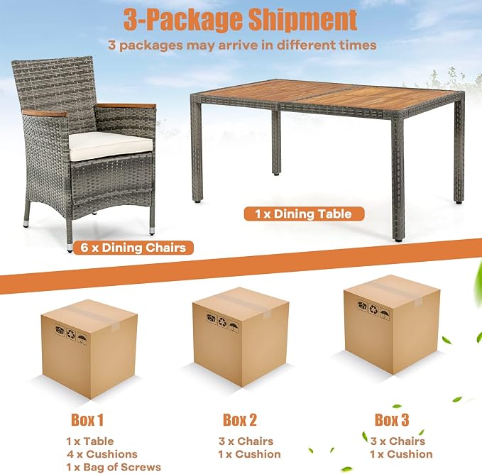 7 Pieces Patio Dining Set Outdoor Dining Set, Wicker Patio Furniture Set with Acacia Wood Table and Chairs, Garden Dining Table Set for Backyard, Desk, Poolside, (Grey)
