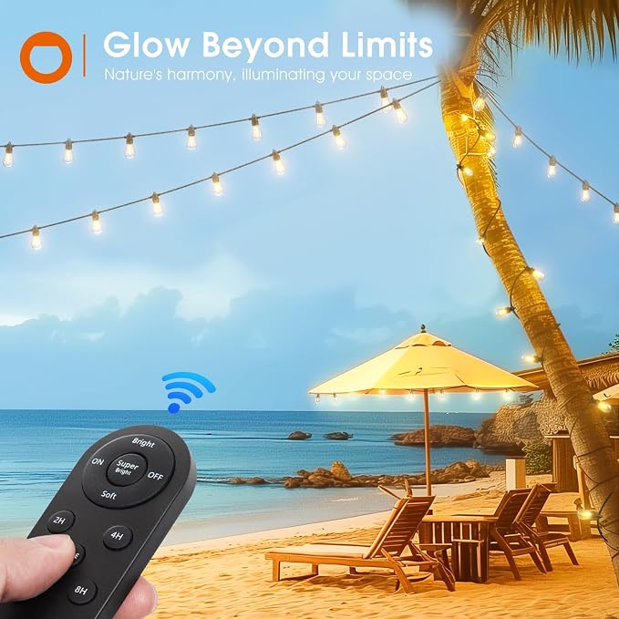 addlon 102FT(96+6) Solar String Lights Outdoor, Last 20+ Hrs, USB Charging | IP65 Waterproof. Dimmable Timer via Remote. Memory, 3 Modes, 2700K Warm White. Easy Install for Patio, Backyard, Porch.