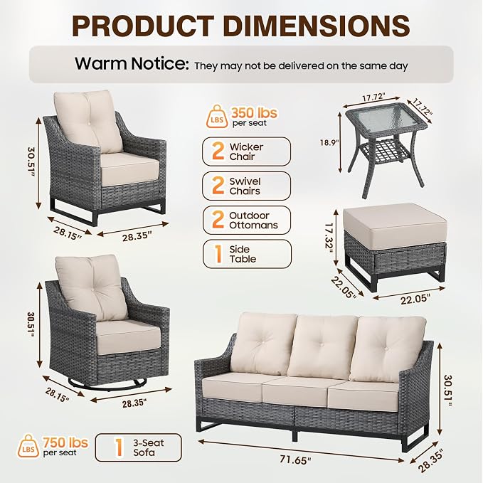 8 Piece Patio Furniture Set, 360°Swivel Glider Patio Chairs Set of 2, Outdoor 2 Wicker Chairs, 2 Ottomans, Sofa ,Side Table All-Weather Wicker Patio Set With 6 Inch Thick Cushions For Balcony Garden
