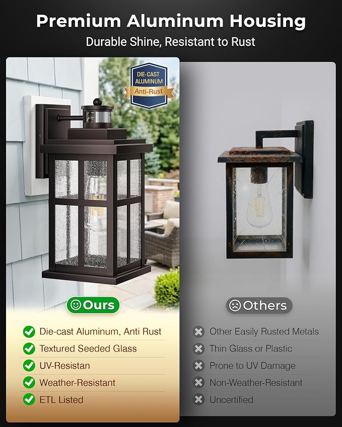 VIANIS Large Motion Sensor Porch Lights Outdoor, Oil Rubbed Bronze Farmhouse Outdoor Garage Lighting Fixtures Wall Mount for House, Anti-Rust Waterproof Exterior Sconce Light for Coach, Patio