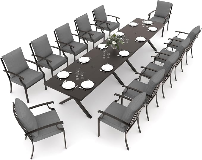 Gotland 14 Piece Outdoor Dining Set, Metal Outdoor Table and Chairs with X-Shaped Legs 1.5" Umbrella Hole, Patio Furniture Set with Waterproof Cushions, Patio Dining Sets for Backyard Deck Gray