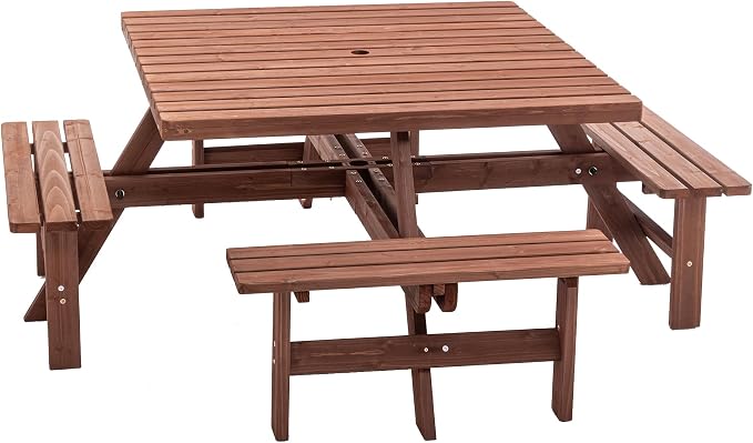 46 in. Square Picnic Table with Benches for 8 Persons, Outdoor Wooden Dining Set with Umbrella Hole, Waterproof & Sturdy Cross Structure for Backyard, Garden, Camping, Easy Clean