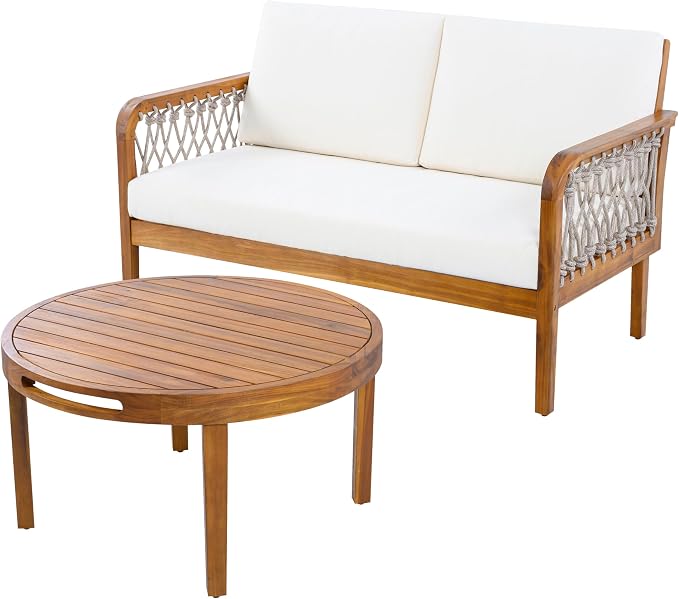 4-Piece Patio Conversation Set, All Weather Sectional Sofa Set w/ 2 Chairs, Loveseat & Round Coffee Table, Acacia Wood Outdoor Furniture Set with Rope Woven Armrests and Cushions (Teak-6.9)