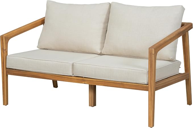 Merax 4 Piece Patio Outdoor Furniture Set, All-Weather Acacia Wood Loveseat Sofa, 2 Armchairs w/Coushions, 1 Coffee Table for Porch, Lawn, Backyard, Balcony Teak+ Beige