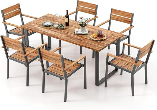 Tangkula 7 Pieces Patented Wood Outdoor Dining Set with Umbrella Hole, Heavy Duty Acacia Armrest Chairs and Rectangle Table Set for 6, Suitable for Deck Lawn Garden Poolside and Backyard