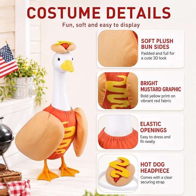 23" Hot Dog Goose Outfit, Goose Clothes for Porch Garden Yard Decor | Funny Hotdog Porch Goose Clothes for Concrete Geese, Weather-Resistant Fabric with Added Cotton Filling
