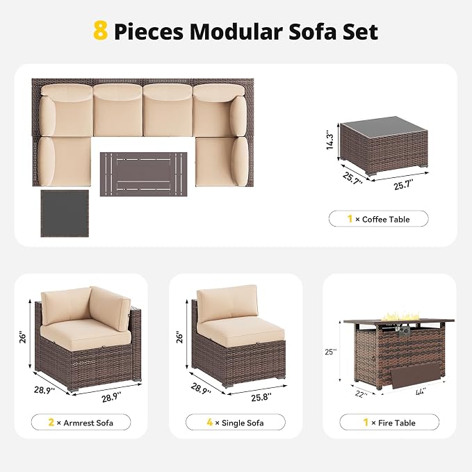 Aoxun Patio Furniture Set with Fire Pit Table, 8 Piece Outdoor Sectional Sofas, Wicker Outdoor Furniture with Thickened Cushion for Backyard, Garden (Brown Rattan Beige Cushions)
