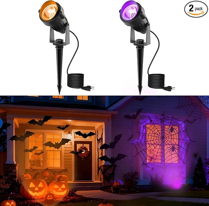 L LOHAS LED Orange and Purple Halloween Outdoor Spotlight 5W 2 Pack | Orange and Purple Halloween Lights with Auto Sensor, Outdoor Spotlights for Holiday, Tree and House Decoration
