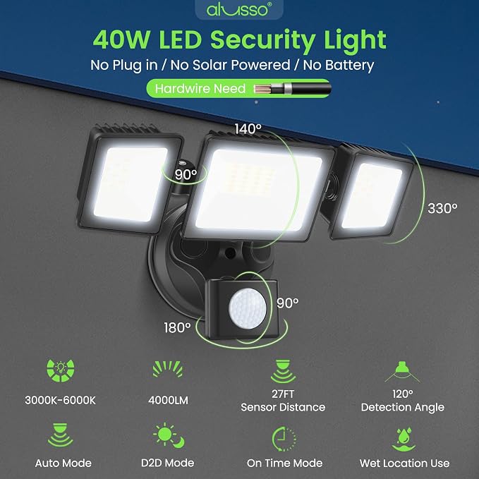 ALUSSO LED Security Lights Motion Sensor, 36W 3000LM Flood Lights Outdoor Motion Sensor with Remote, Dimmable Brightness 3000K-6000K CCT IP65 3 Heads Outdoor Security Light for House Garage Yard 2Pack