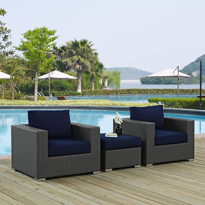 Modway Sojourn Wicker Rattan 3 Piece Outdoor Patio Sunbrella Sectional Set in Canvas Navy