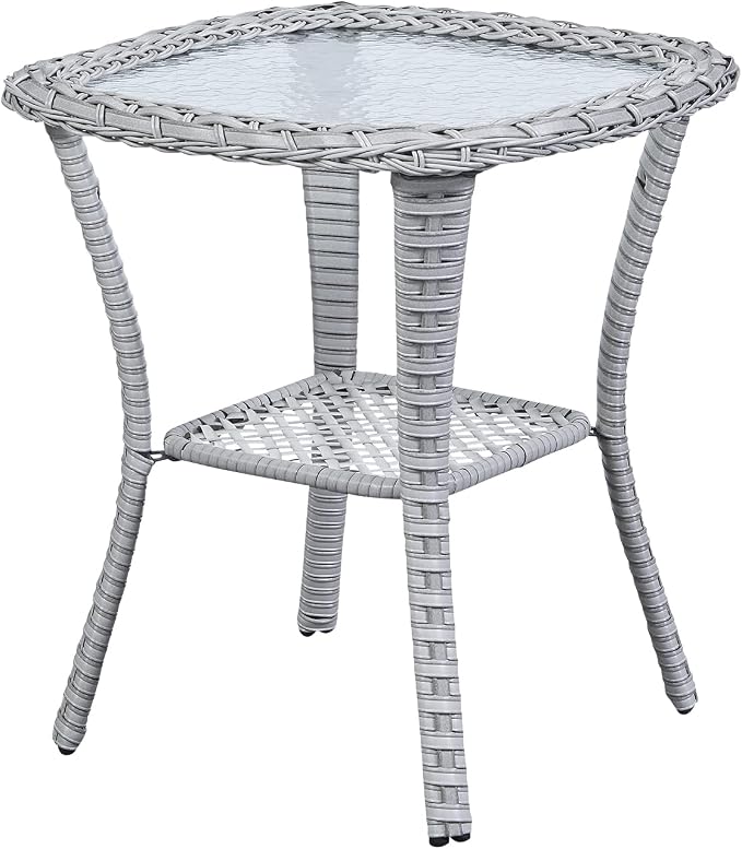 Outdoor Side Table Patio Tables - Wicker Coffee Table with Glass Top and 2-Shelf Storage Rattan End Table Square for Outdoor Patio Porch Deck Balcony Garden(Light Grey/Glass Top)