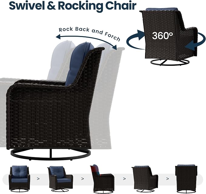 Kullavik 7 Pieces Patio Furniture Set,All-Weather Wicker High Back Outdoor Swivel Rocker Patio Chairs with Fire Pit Table & Thick Cushions,Paito Conversation Set for Porch,Deck,NavyBlue