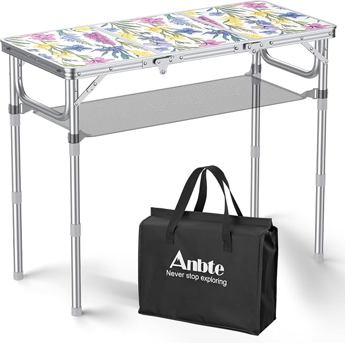 Anbte 3ft Folding Camping Table with Storage Net & Bag, 3 Adjustable Height Max 27.5" Outdoor Folding Table Lightweight, Portable Handle for Outdoor Indoor Camping Beach RV Picnic, Blooming Floral