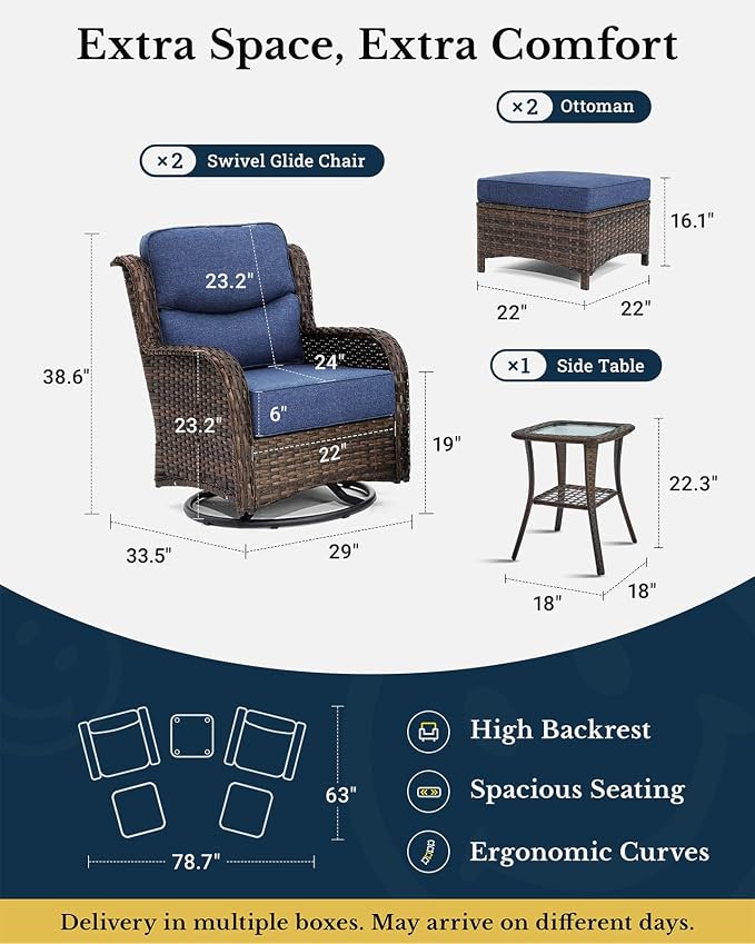 HILLGA 5-Piece Luxury Patio Furniture Set with 6" Thick Cushions, Weather-Resistant Wicker High Back Swivel Rocker Chairs, Senior-Friendly Conversation Set for Small Porch, Deck and Sunroom, Blue(V2)